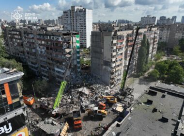 russia destroyed section 9-storey kyiv apartment block overnight killing two wounding 32 one war's largest combined attacks · post 9-story residential building kyiv's darnytskyi district after russia's strike side 14