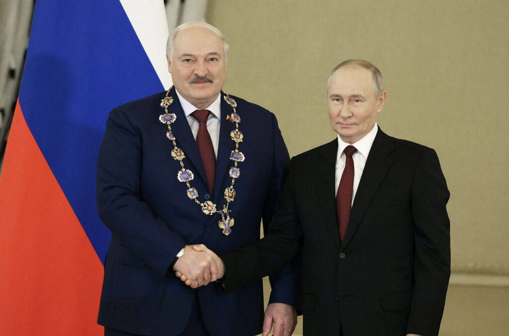 france's macron warned lukashenka drag belarus russia's war · post belarusian ruler alyaksandr (left) after receiving order st andrew first-called dictator vladimir putin (right) moscow 9 2024 presidentgovby lukashenka-left-after-receiving-the-so-called--орденом-святого-апостола-андрея-первозванного-from-putin-right-in--moscow-on-9-oct-2024 ukraine