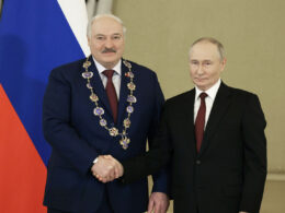 france's macron warned lukashenka drag belarus russia's war · post belarusian ruler alyaksandr (left) after receiving order st andrew first-called dictator vladimir putin (right) moscow 9 2024 presidentgovby lukashenka-left-after-receiving-the-so-called--орденом-святого-апостола-андрея-первозванного-from-putin-right-in--moscow-on-9-oct-2024 ukraine