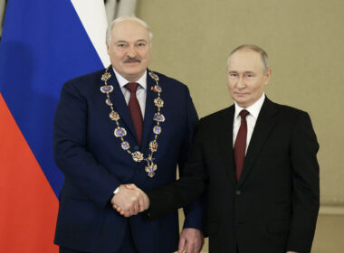 france's macron warned lukashenka drag belarus russia's war · post belarusian ruler alyaksandr (left) after receiving order st andrew first-called dictator vladimir putin (right) moscow 9 2024 presidentgovby lukashenka-left-after-receiving-the-so-called--орденом-святого-апостола-андрея-первозванного-from-putin-right-in--moscow-on-9-oct-2024 ukraine