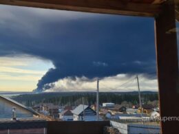 Smoke rising on the horizon in the Russian city of Perm following reported Ukrainian drone attacks on oil infrastructure in the city. Photo: Supernova+