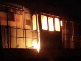 Fire in a locomotive in Saint Petersburg, Russia, which ATESH claims was used in oil transport before being disabled in a sabotage operation targeting Russia’s rail logistics network. Photo: ATESH