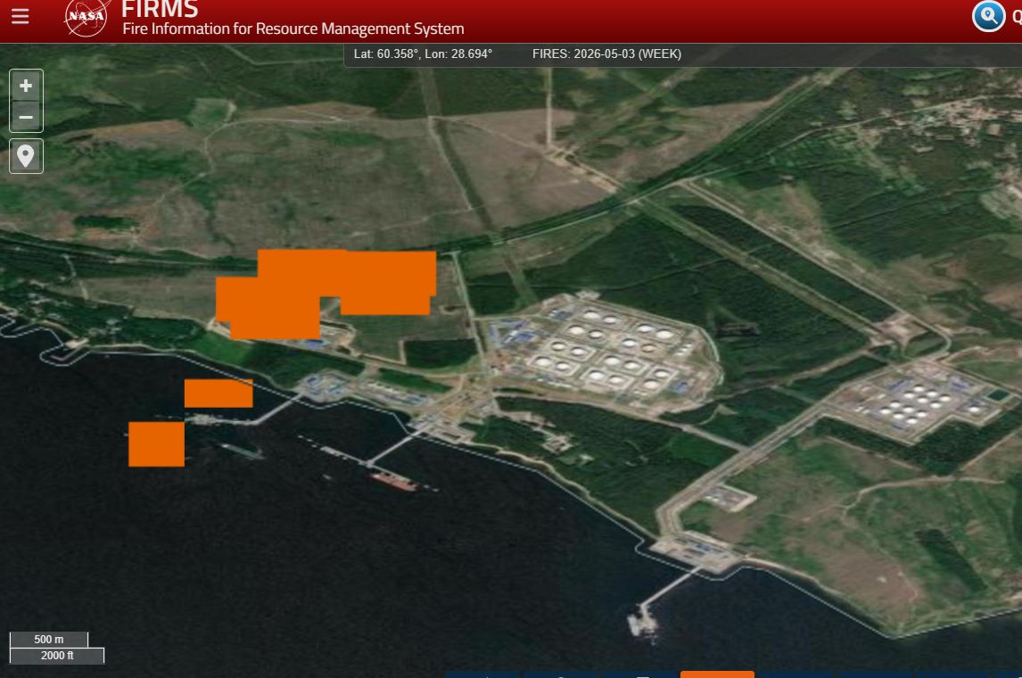 primorsk takes torch tuapse nasa satellites confirm fresh fires russia's largest baltic oil export terminal · post firms satellite fire-detection data active fire signatures leningrad oblast morning 3 2026 ukraine