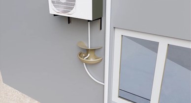 Digital model of a compact feeder designed to attach to external air conditioning units, channeling condensation into a small drinking point for birds. Image: Drops For Life