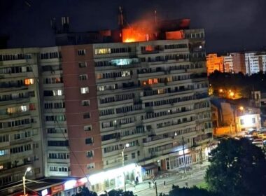moscow's drone hits 10-story apartment block romania injuring two russia fires 232 uavs ukraine · post fire top-floor residential building galați after russian crashed 29 2026 пожежа у квартирі багатоповерхівки
