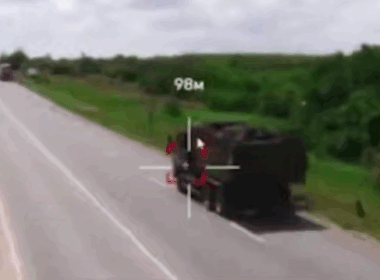 The image shows a Ukrainian drone is approaching to a Russian vehicle. Source: HUR