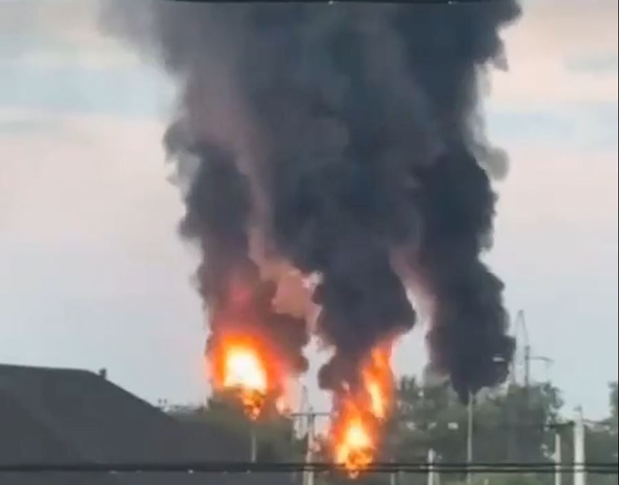 depot supplying two russian regions fuel burning after overnight drone strike · post tanks poltavskaya oil ukrainian krasnodar krai russia 25 2026 пожежа на нафтобазі у краснодарському краї рф червня