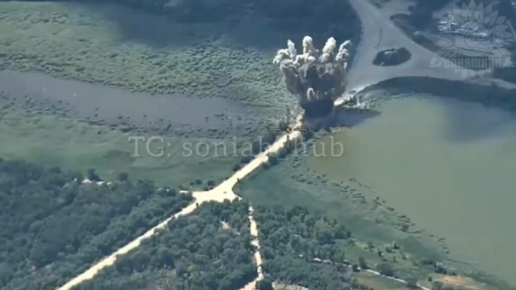 ukraine's air force cripples bridge feeding russian troops occupied part zaporizhzhia oblast · post ukrainian airstrike hits over karachokrak river vasylivka 2026 video soniah/telegram ураження мосту у василівці запорізької області