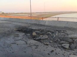 The Chongar Bridge has a hole from strikes. Source: UkrInform