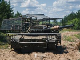 Ukrainian Abrams tank fitted with modular cage-style protection designed to counter FPV drone strikes on the front line, as crews adapt Western armor to modern battlefield threats. Photo: Ukraine’s 160th Separate Mechanized Brigade