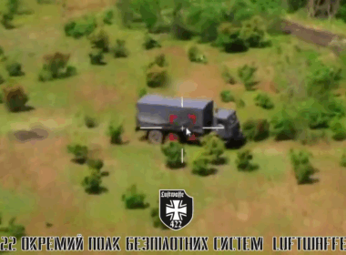 A Russian truck under drone attack near Chernihivka.