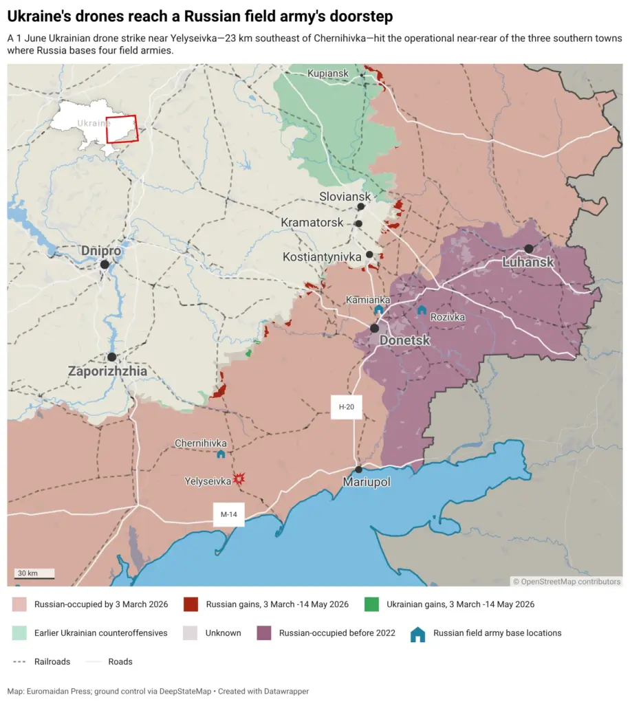 A 1 June Ukrainian drone strike near Yelyseivka—23 km southeast of Chernihivka—hit the operational near-rear of the three southern towns where Russia bases four field armies.