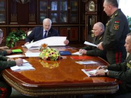 belarus's exiled opposition hands ukraine 30-page file how minsk being readied war · post belarusian ruler alyaksandr lukashenka (the only person civilian clothing center) chairs meeting military security surrounded uniformed