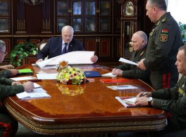 belarus's exiled opposition hands ukraine 30-page file how minsk being readied war · post belarusian ruler alyaksandr lukashenka (the only person civilian clothing center) chairs meeting military security surrounded uniformed