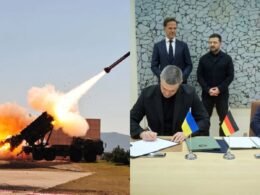 A Patriot air-defense system firing an interceptor, beside Ukrainian and German defense ministers signing an anti-ballistic missile agreement in Brussels.