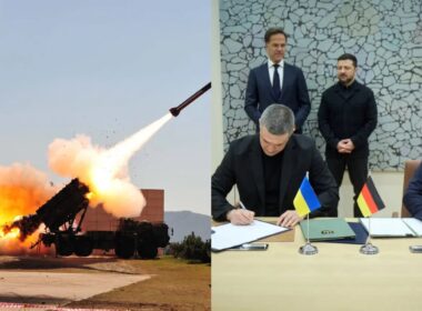 A Patriot air-defense system firing an interceptor, beside Ukrainian and German defense ministers signing an anti-ballistic missile agreement in Brussels.