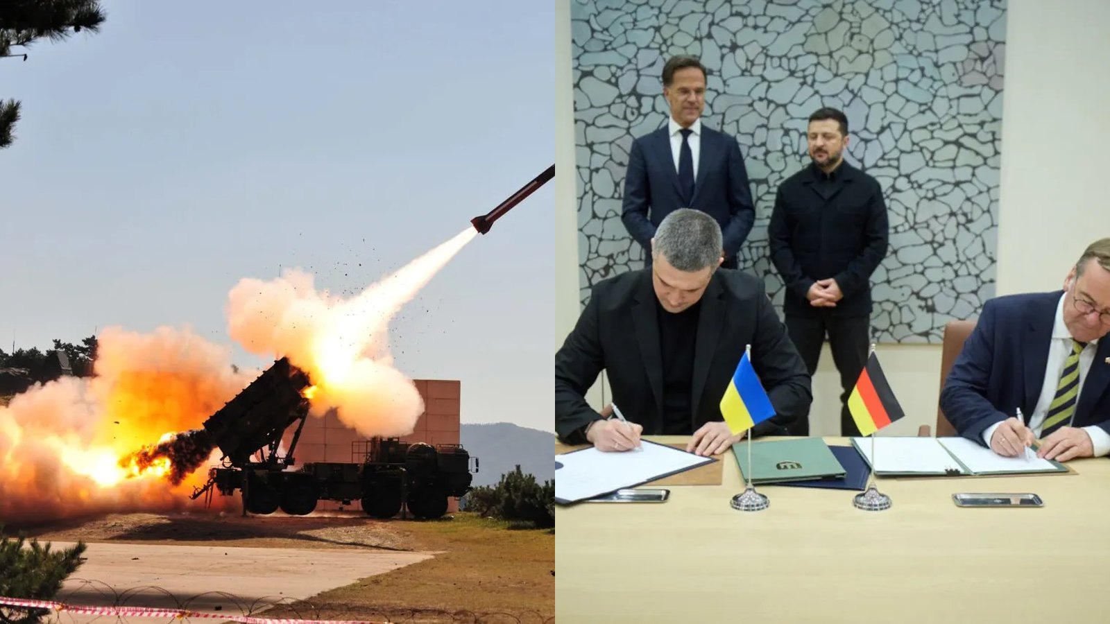 A Patriot air-defense system firing an interceptor, beside Ukrainian and German defense ministers signing an anti-ballistic missile agreement in Brussels.