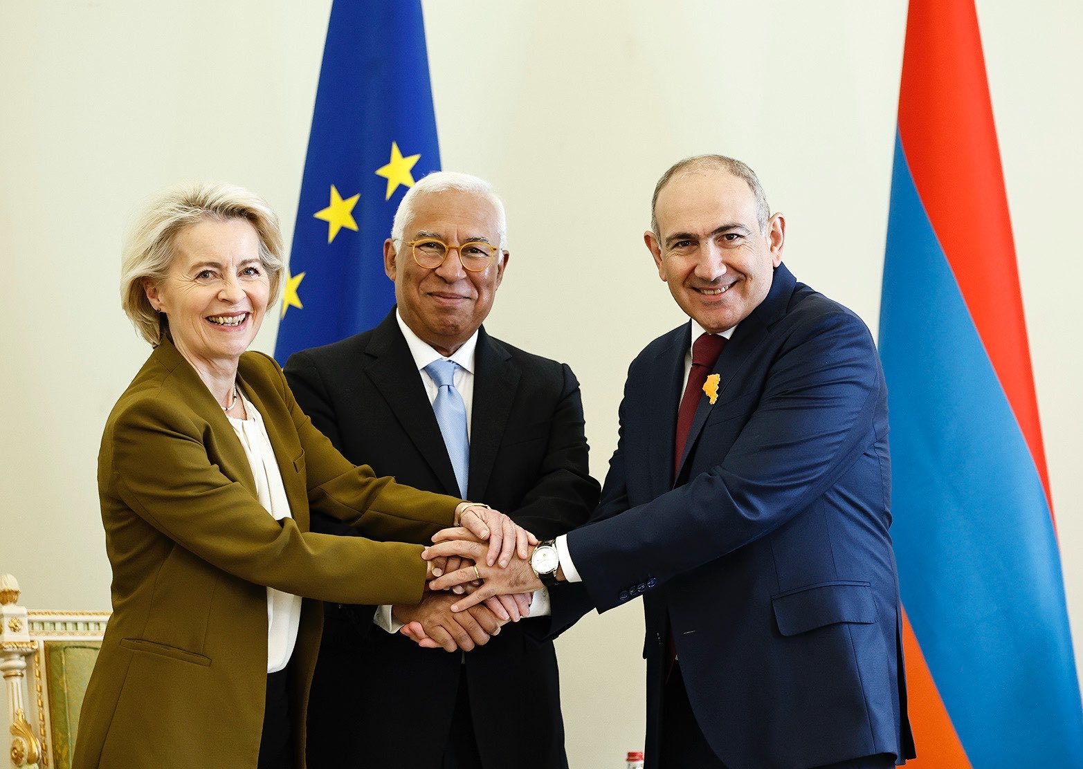 European Commission President ⁠Ursula von der Leyen, European Council President António Costa, and Armenian President Nikol Pashinyan at Armenia-EU Summit on 5 May 2026. Photo: Nikol Pashinyan on X