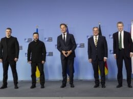 Left to right: Ukrainian Defense Minister Mykhailo Fedorov, Ukrainian President Volodymyr Zelenskyy, NATO Secretary-General Mark Rutte, German Defense Minister Boris Pistorius, UK Defense Minister Dan Jarvis, at the Ukraine Defense Contact Group (Ramstein format) in Brussels, 18 June 2026. Photo: UK Ministry of Defense on X