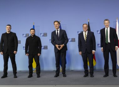 Left to right: Ukrainian Defense Minister Mykhailo Fedorov, Ukrainian President Volodymyr Zelenskyy, NATO Secretary-General Mark Rutte, German Defense Minister Boris Pistorius, UK Defense Minister Dan Jarvis, at the Ukraine Defense Contact Group (Ramstein format) in Brussels, 18 June 2026. Photo: UK Ministry of Defense on X