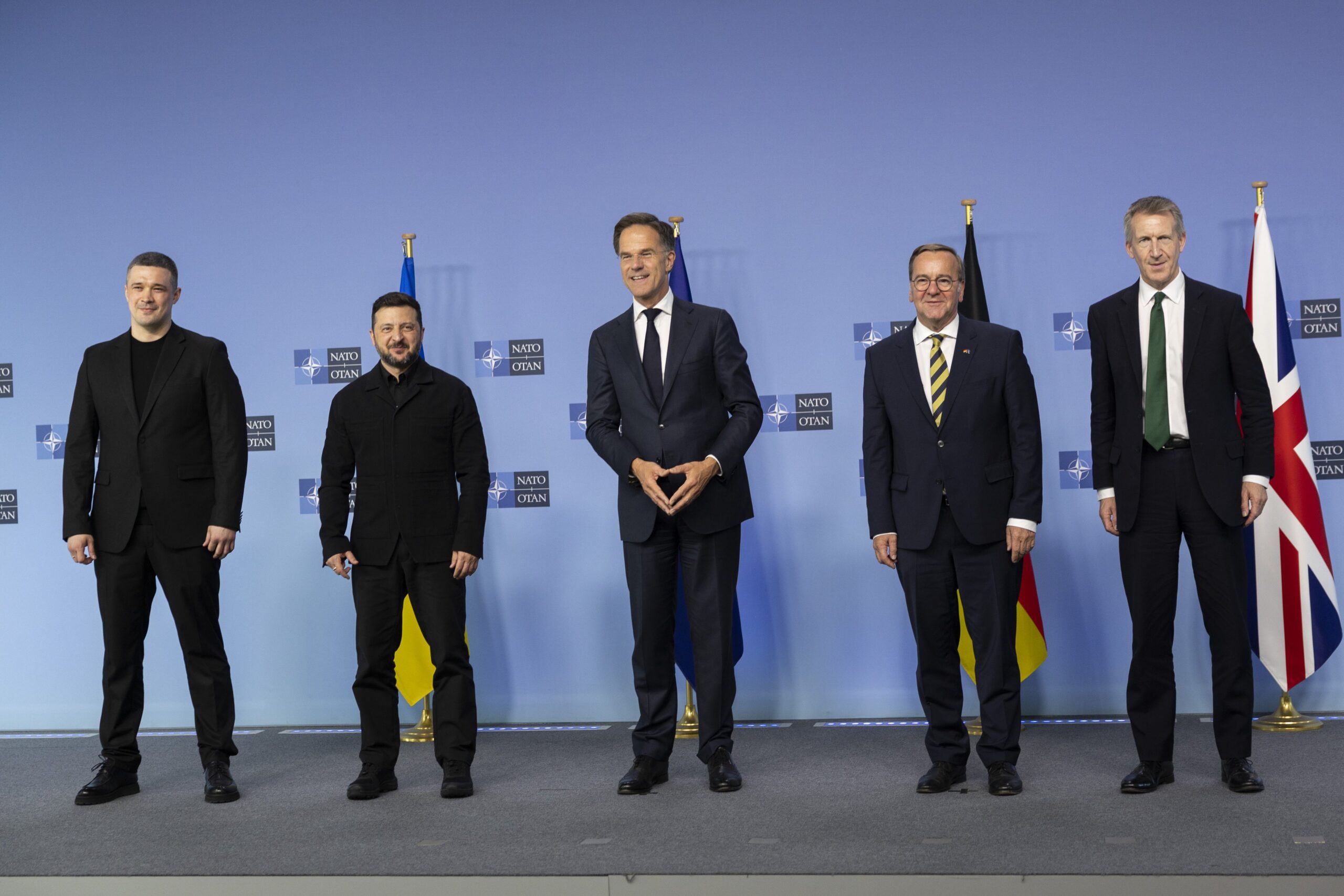 Left to right: Ukrainian Defense Minister Mykhailo Fedorov, Ukrainian President Volodymyr Zelenskyy, NATO Secretary-General Mark Rutte, German Defense Minister Boris Pistorius, UK Defense Minister Dan Jarvis, at the Ukraine Defense Contact Group (Ramstein format) in Brussels, 18 June 2026. Photo: UK Ministry of Defense on X