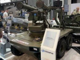 A Ravlyk UGV from Ukrainian Unmanned Technologies displayed at Eurosatory 2026, here mounting twin anti-tank launchers from Ukroboronprom. (Photo: Ukrainian Unmanned Technologies)