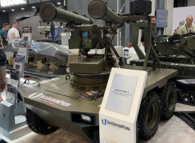 A Ravlyk UGV from Ukrainian Unmanned Technologies displayed at Eurosatory 2026, here mounting twin anti-tank launchers from Ukroboronprom. (Photo: Ukrainian Unmanned Technologies)