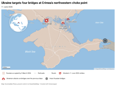 ukrainian drones knocking out northwestern entrance crimea bridges damaged one night · post rl9vo -ukraine-targets-four-bridges-at-crimea-s-northwestern-choke-point- struck four vehicular crimea's overnight 11 2026 quisling official vladimir saldo claimed strikes part ukraine's