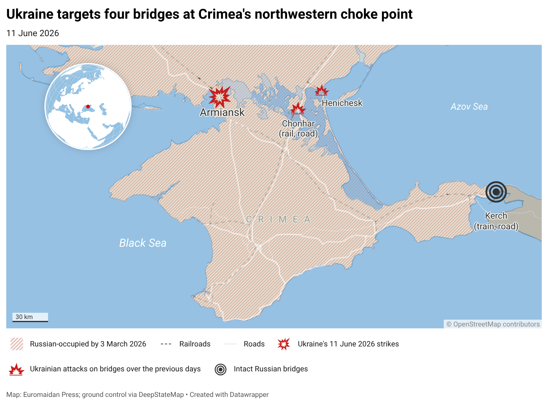ukrainian drones knocking out northwestern entrance crimea bridges damaged one night · post rl9vo -ukraine-targets-four-bridges-at-crimea-s-northwestern-choke-point- struck four vehicular crimea's overnight 11 2026 quisling official vladimir saldo claimed strikes part ukraine's