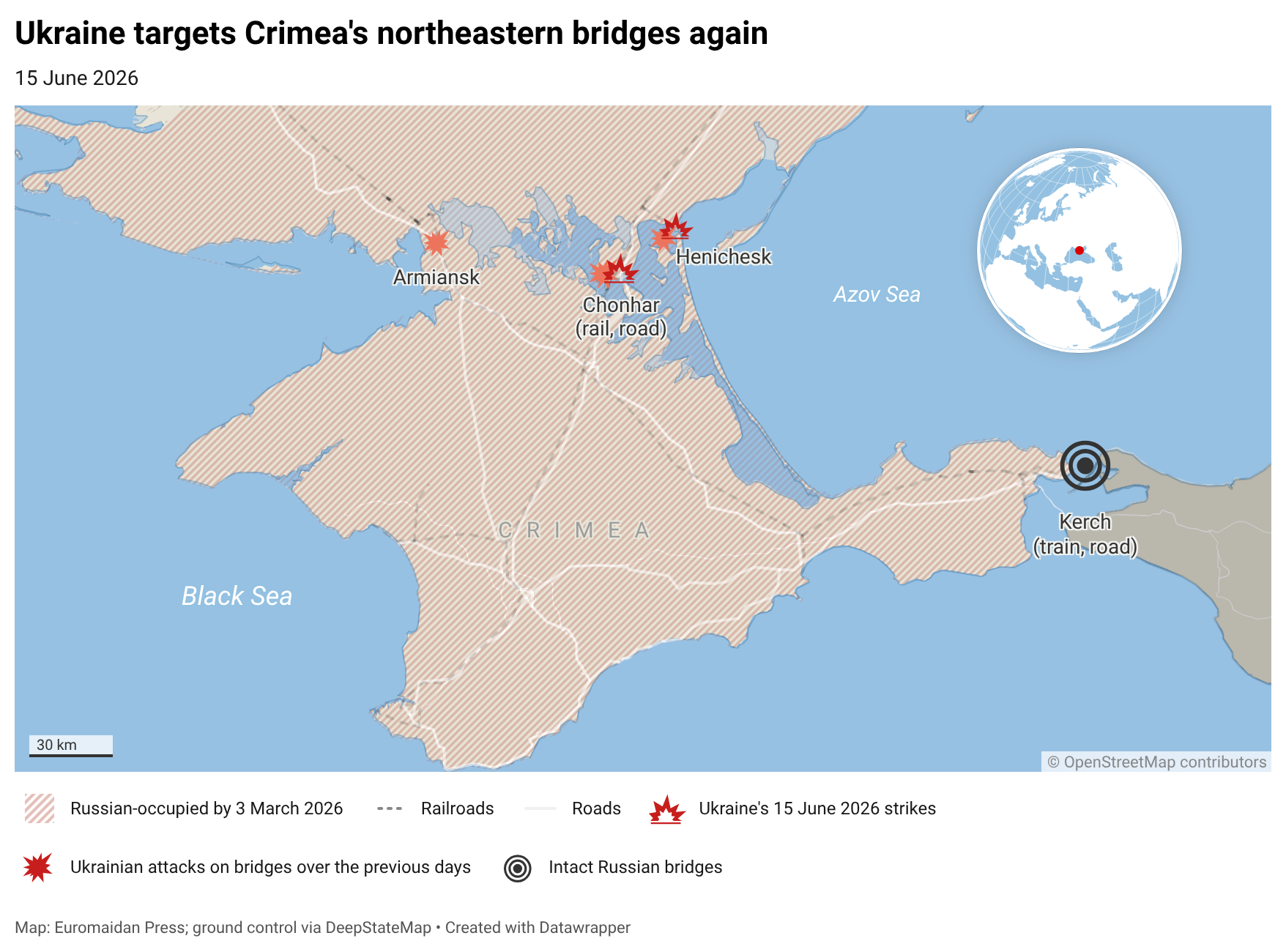 ukrainian drones hit two northeastern bridges occupied crimea overnight again cutting main supply road · post crimea's connection points mainland ukraine euromaidan press wyzmq-ukraine-targets-crimea-s-northeastern-bridges-again- news reports