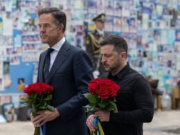 On 3 June 2026, Volodymyr Zelenskyy and NATO Secretary General Mark Rutte laid flowers at the Wall of Remembrance near St. Michael’s Cathedral and paid tribute to the fallen Ukrainian defenders. Source: The Presidential Office