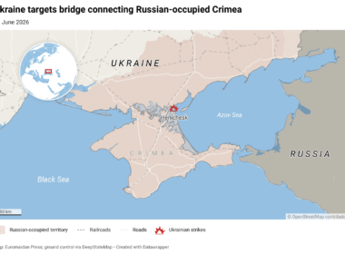 Henichesk Strait bridge struck by Ukrainian drones overnight on 20 June 2026. The bridge connects Russian-occupied Crimea with occupied territory of mainland Ukraine.