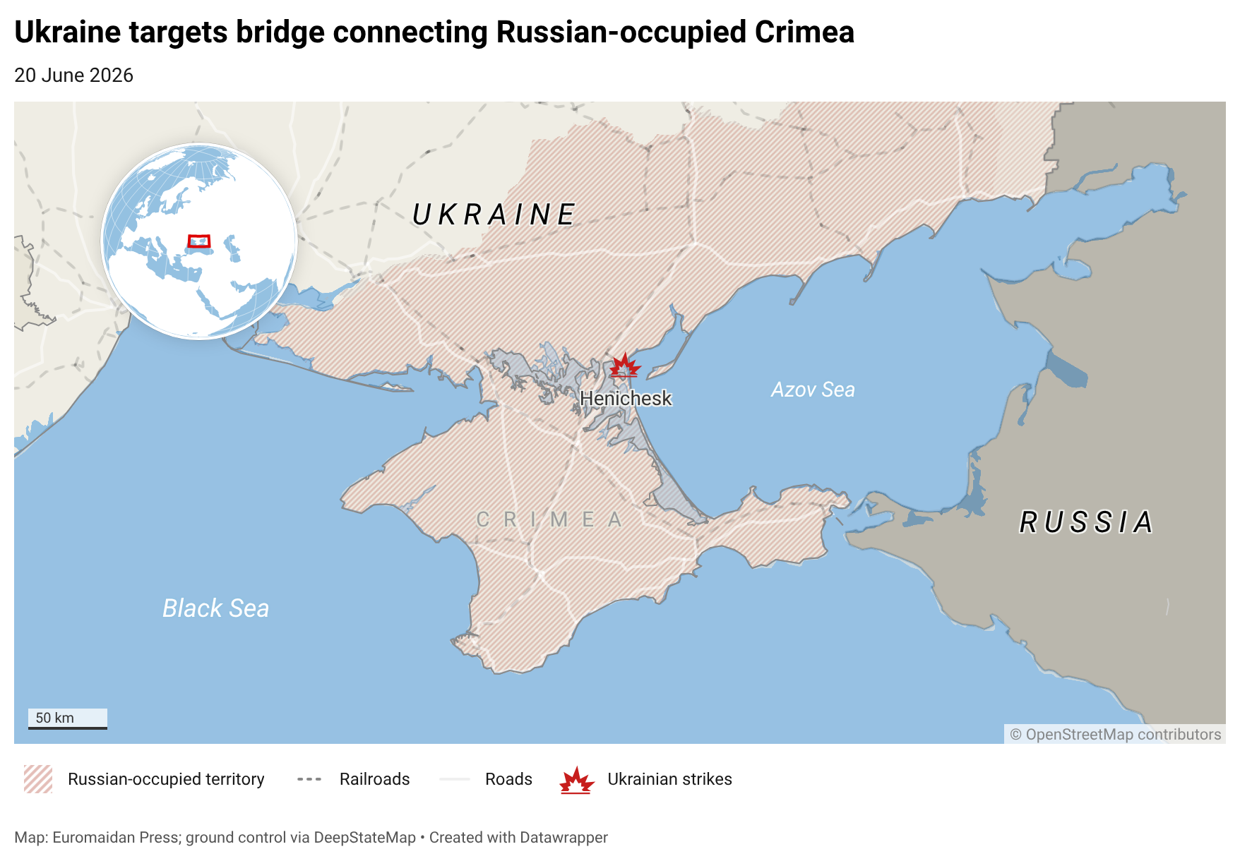 Henichesk Strait bridge struck by Ukrainian drones overnight on 20 June 2026. The bridge connects Russian-occupied Crimea with occupied territory of mainland Ukraine.