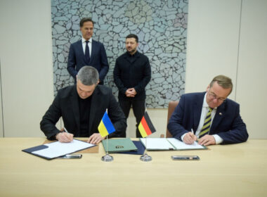 Ukrainian Defense Minister Mykhailo Fedorov and German Federal Defense Minister Boris Pistorius signing agreements on the development of anti-ballistic capabilities and the joint production of UGVs, in Brussels, 18 June 2026. Photo: Ukrainian President's Office