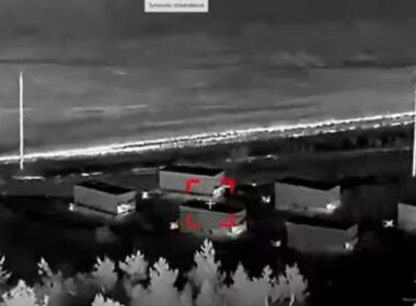 Russian Volna Kupol Garant system, meant to jam Starlink signals in a 20-kilometer area, shortly before being struck by a Ukrainian attack drone. (Video Still: 422nd Separate Unmanned Systems Battalion 