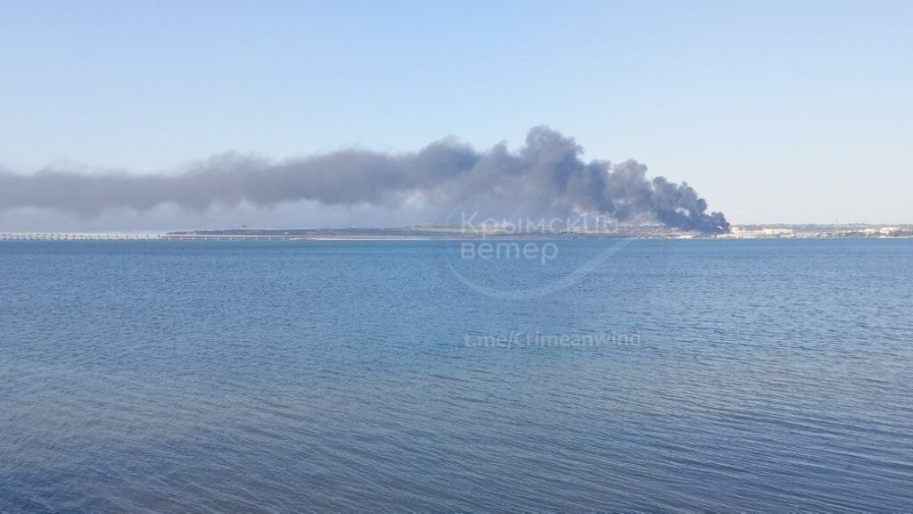 fuel blockade tightens kerch struck again power knocked out across occupied crimea · post smoke rises over after ukrainian drone strike crimean bridge visible distance 23 2026 fire today 3