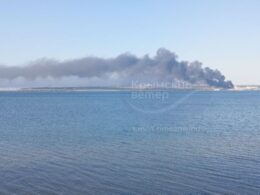 fuel blockade tightens kerch struck again power knocked out across occupied crimea · post smoke rises over after ukrainian drone strike crimean bridge visible distance 23 2026 fire today 3