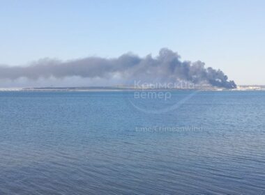 fuel blockade tightens kerch struck again power knocked out across occupied crimea · post smoke rises over after ukrainian drone strike crimean bridge visible distance 23 2026 fire today 3