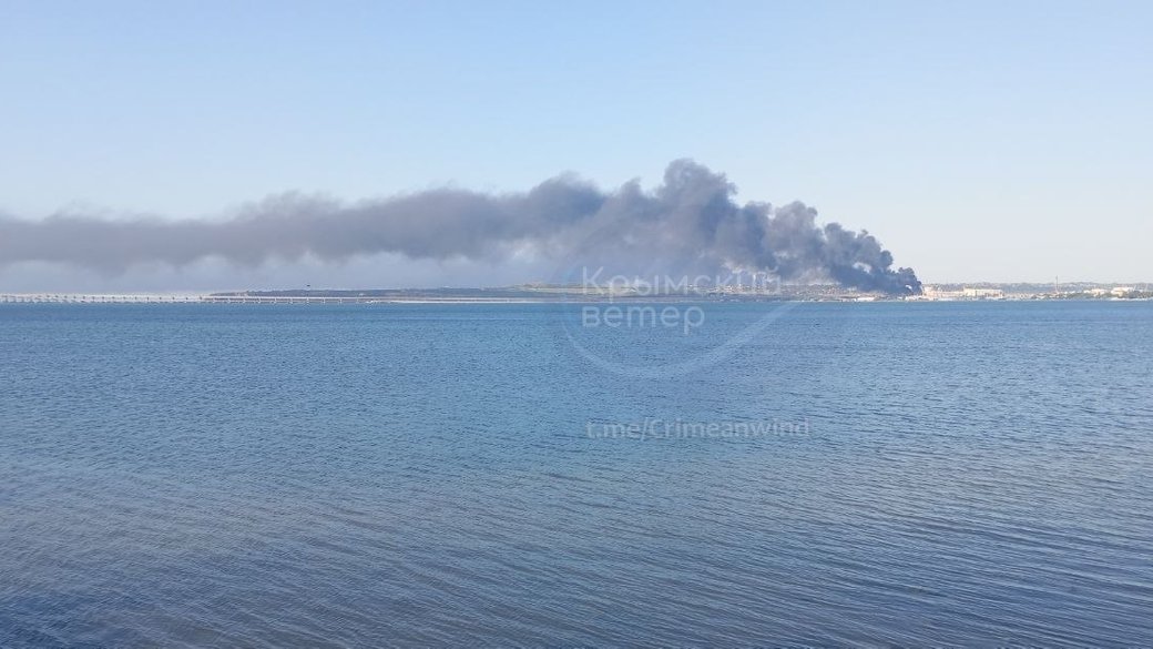 fuel blockade tightens kerch struck again power knocked out across occupied crimea · post smoke rises over after ukrainian drone strike crimean bridge visible distance 23 2026 fire today 3