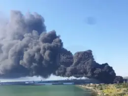 fuel blockade tightens kerch struck again power knocked out across occupied crimea · post black smoke billows over port following overnight ukrainian drone attack 23 2026 fire today krymsky veter