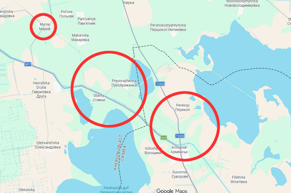 ukrainian drones knocking out northwestern entrance crimea bridges damaged one night · post google maps view four struck overnight 11 2026 — near myrne between stavky preobrazhenka perekop armiansk crimean