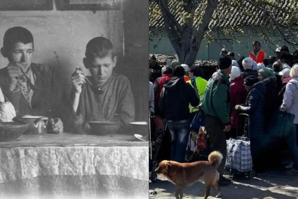 On the left, the Bokan sitting around the dinner table during the Holodomor, as they starve; on the right, Ukrainian civilians in Oleshky waiting in line for food distribution.