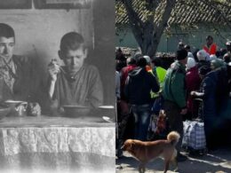On the left, the Bokan sitting around the dinner table during the Holodomor, as they starve; on the right, Ukrainian civilians in Oleshky waiting in line for food distribution.