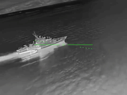 A Russian “Svitlyak” border patrol ship seen from a Ukrainian drone before a strike near Yurkine, occupied Crimea. Screenshot from video: Madyar