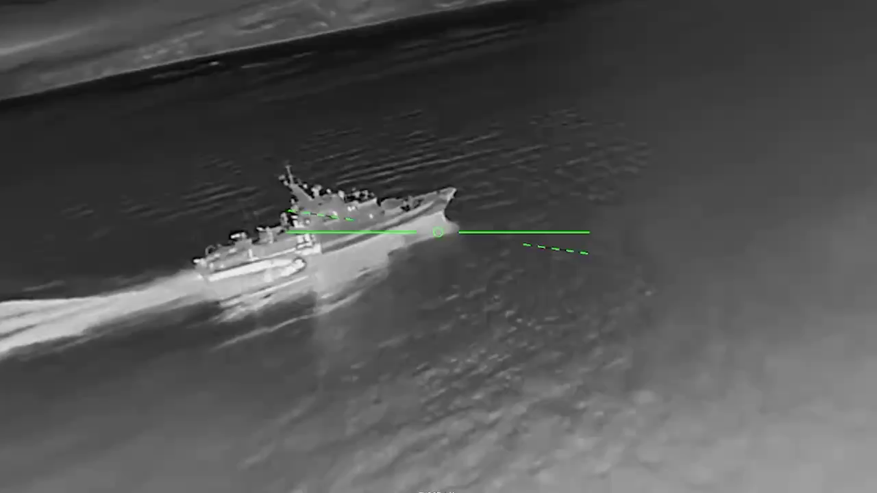 A Russian “Svitlyak” border patrol ship seen from a Ukrainian drone before a strike near Yurkine, occupied Crimea. Screenshot from video: Madyar