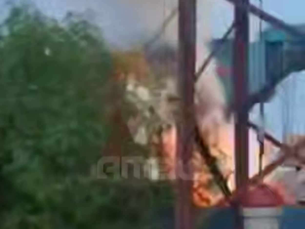 Fire engulfs a rail recovery crane in Russia’s Voronezh region, which ATESH claims was destroyed during a sabotage operation targeting Russia's railway infrastructure. Screenshot from video: ATESH