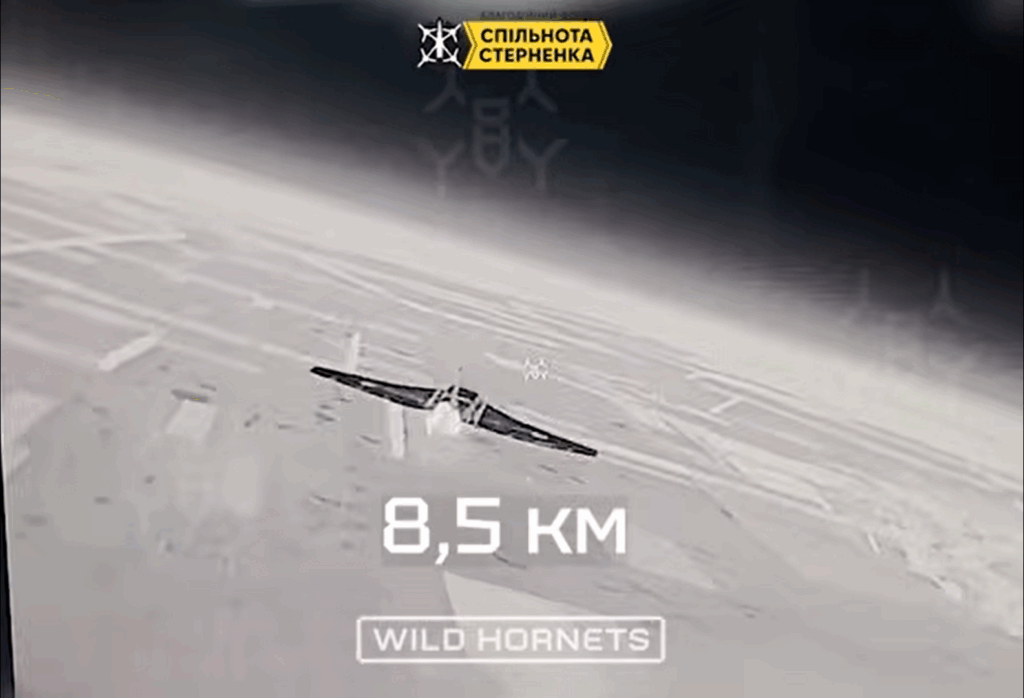 Ukrainian interceptor drone hunting a Russian Shahed drone, using Hornet Vision Ctrl remote drone control system. Screenshot from video: Wild Hornets