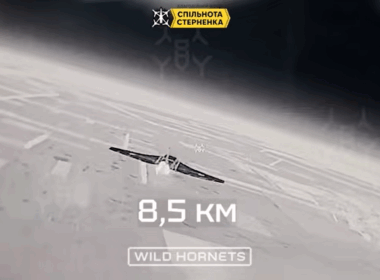 Ukrainian interceptor drone hunting a Russian Shahed drone, using Hornet Vision Ctrl remote drone control system. Screenshot from video: Wild Hornets