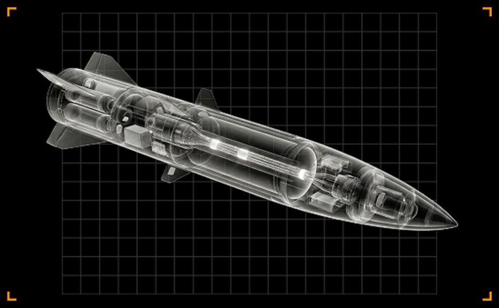 Cutaway rendering of a Russian Kinzhal hypersonic missile shown on Ukraine's TrophyLab platform