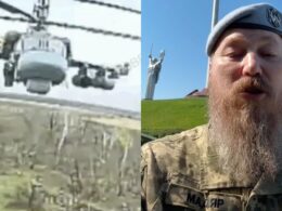 Collage. Left: Russian Ka-52 helicopter at low altitude seen through a Ukrainian FPV drone camera. Right: Major Robert